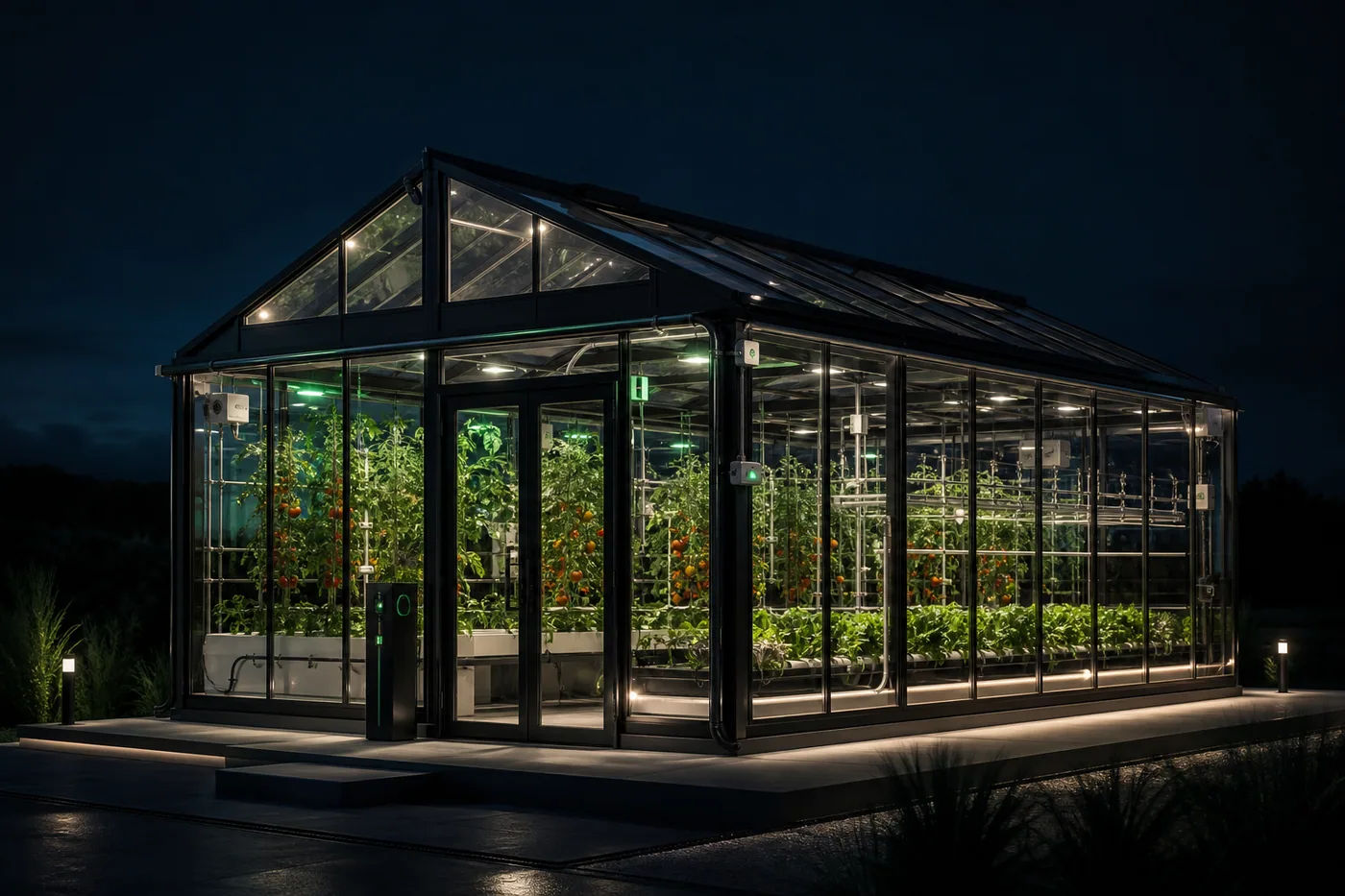A modern glass AI greenhouse with plants, sensors and automation